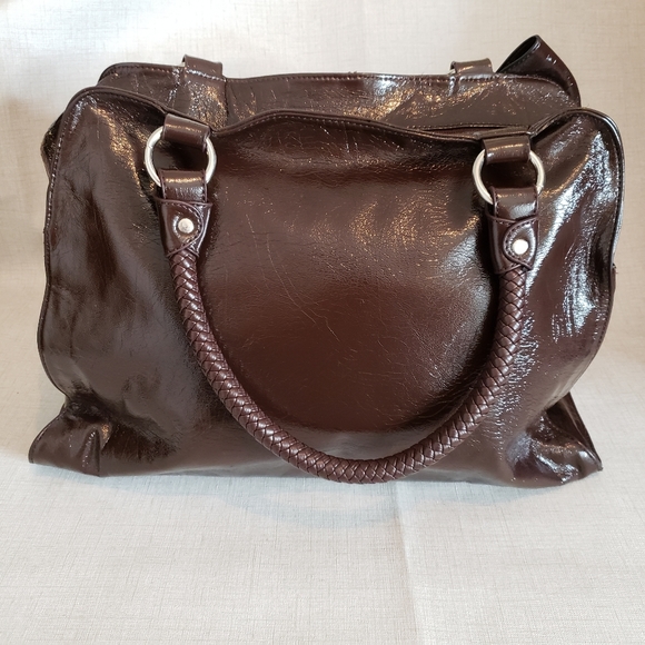 Oversized Purse Brown Tote Bow Front High Shine Shoulder Bag 17" Wide - Picture 3 of 16